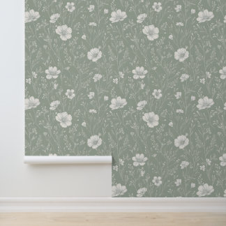 Muted Sage Green And White Wildflower Pattern Wallpaper