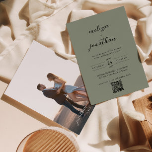 Muted Sage Green & Black Photo QR Code Wedding Invitation