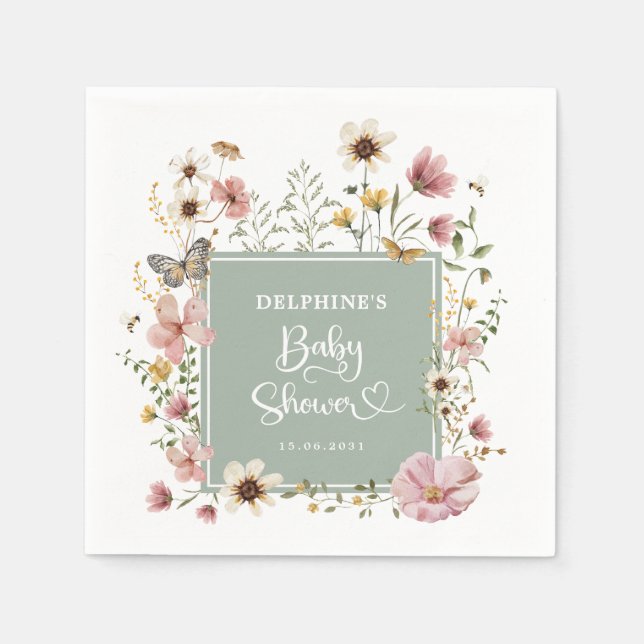 Muted Sage Green Boho Wildflower Baby Girl Shower Napkins (Front)
