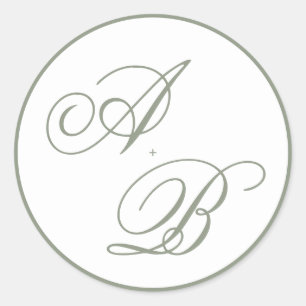 Muted Sage Green Border & Monogram Script Wedding Classic Round Sticker