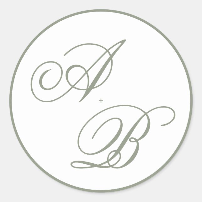 Muted Sage Green Border & Monogram Script Wedding Classic Round Sticker (Front)