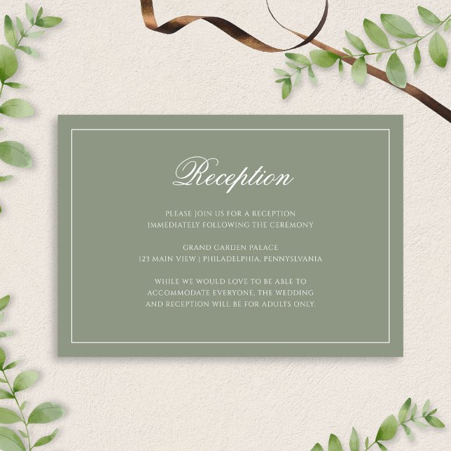 Muted Sage Green & White Script Wedding Reception Enclosure Card (Creator Uploaded)