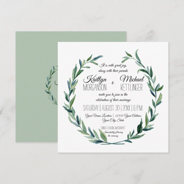 Muted Sage Laurel Wreath Olive Leaf Branch Modern Invitation (Front/Back)