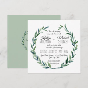 Muted Sage Laurel Wreath Olive Leaf Branch Modern Invitation