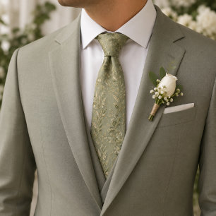 Muted Sage Olive Botanical Neck Tie