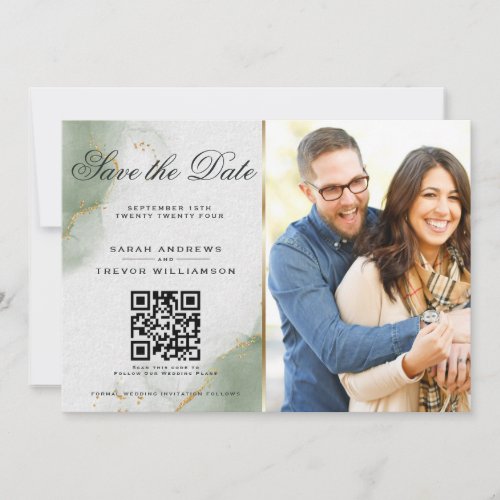Muted Sage Photo  QR Code Save the Date Invitation