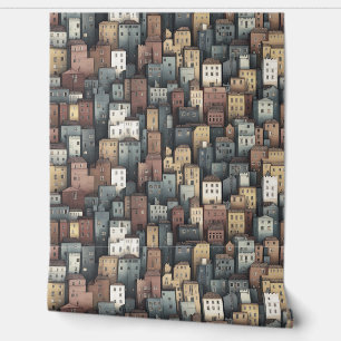 Muted Sandy Color Whimsical Playful Cubistic Town Wallpaper
