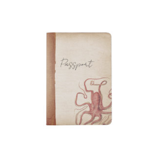 Muted Sea Rose Pink Steampunk Octopus Nature Passport Holder