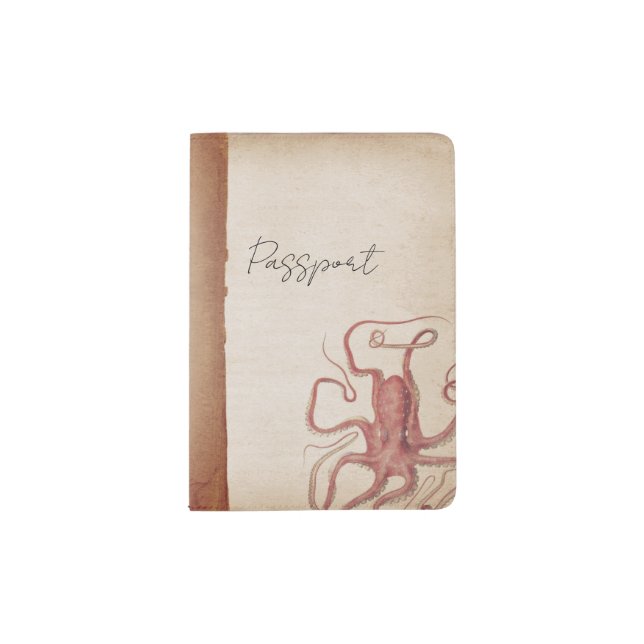 Muted Sea Rose Pink Steampunk Octopus Nature Passport Holder (Front)
