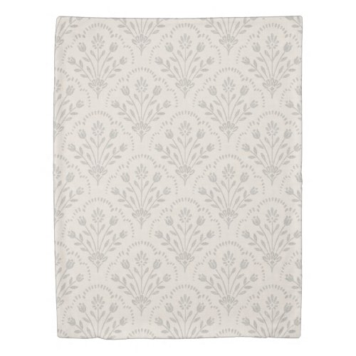 Muted Soft Grey Floral Scallop Block Print Duvet Cover