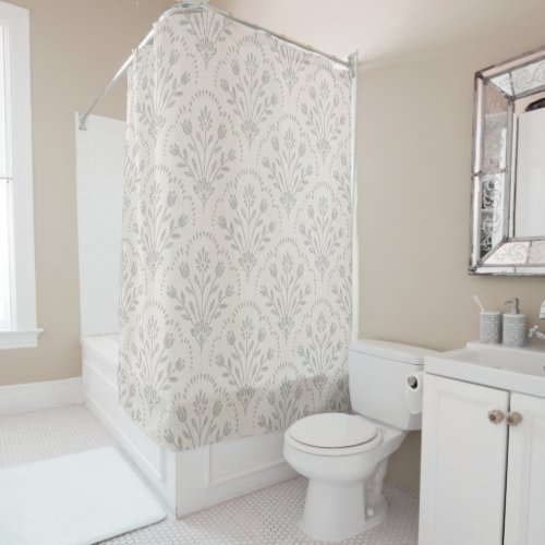 Muted Soft Grey Floral Scallop Block Print Shower Curtain