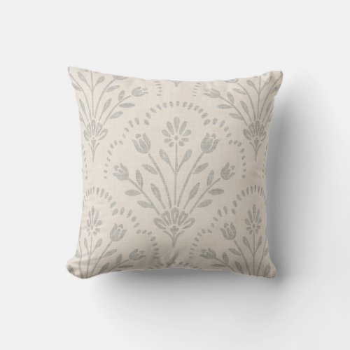 Muted Soft Grey Floral Scallop Block Print Throw Pillow