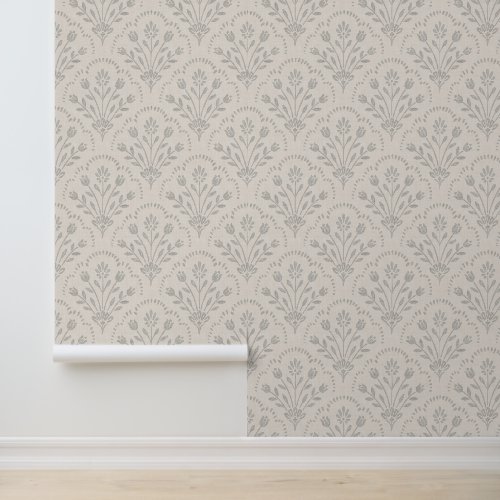 Muted Soft Grey Floral Scallop Block Print Wallpaper