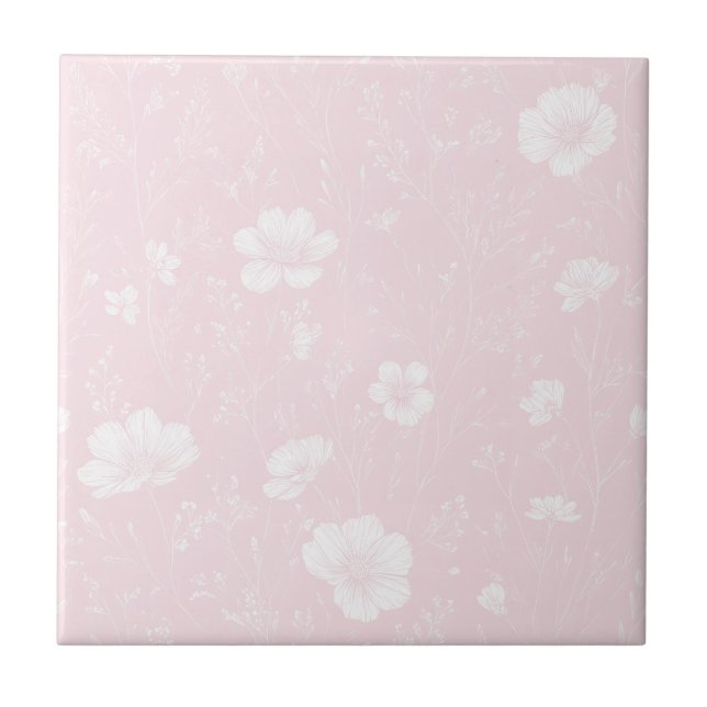 Muted Soft Pink And White Wildflower Pattern Ceramic Tile (Front)