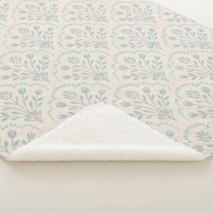 Muted Soft Sage Green Folk Floral Scallop Pattern Sherpa Blanket
