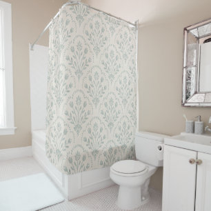 Muted Soft Sage Green Folk Floral Scallop Pattern Shower Curtain