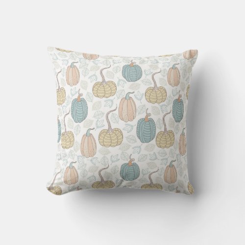 Muted Teal and Orange Pumpkins and Leaves on White Throw Pillow