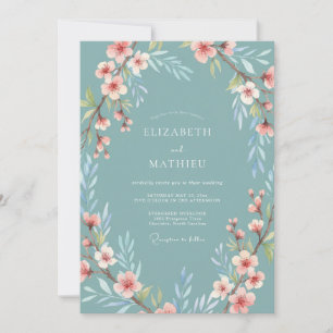 Muted Teal Delicate Cherry Blossom Wedding Invitation