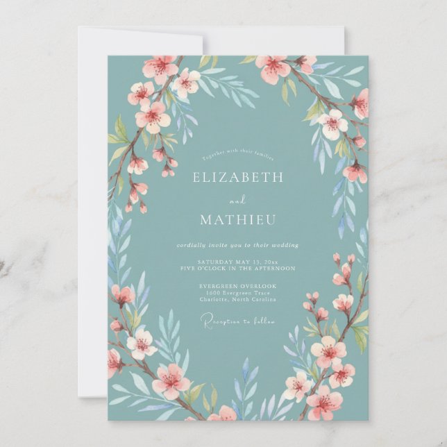 Muted Teal Delicate Cherry Blossom Wedding Invitation (Front)
