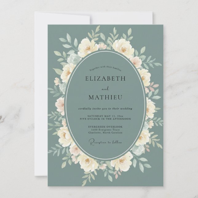 Muted Teal Ethereal Botanical Wedding Invitation (Front)