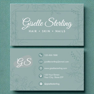 Muted Teal Floral Line Art with Modern Script Business Card