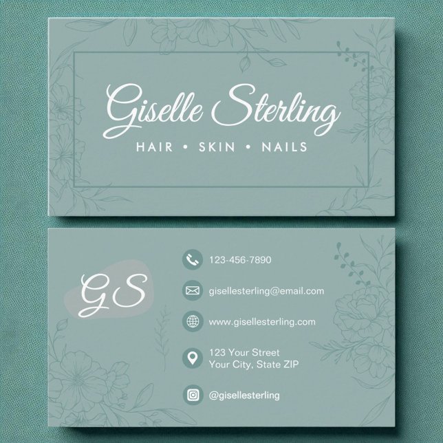Muted Teal Floral Line Art with Modern Script Business Card (Creator Uploaded)