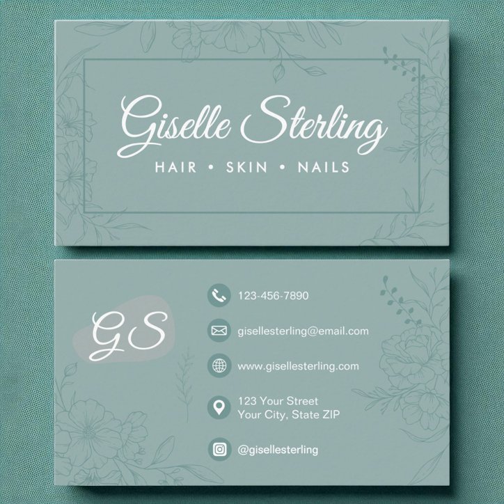 Muted Teal Floral Line Art With Modern Script Business Card