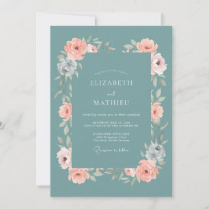Muted Teal Peach Watercolor Wedding Invitation