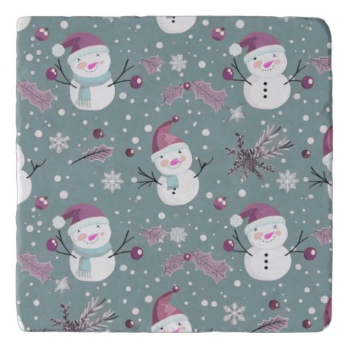 Muted Teal Snowman and Purple Winter Holly Trivet