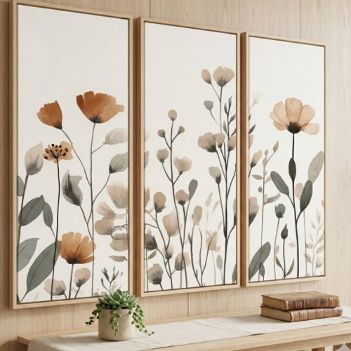 Muted Terracotta and Sage Watercolor Wildflowers Triptych