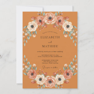 Muted Terracotta Apricot Wreath Wedding Invitation