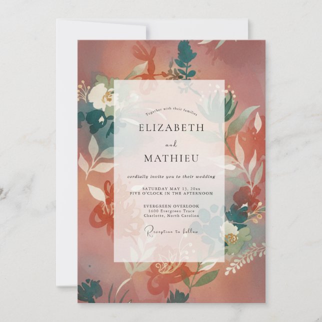 Muted Terracotta Teal Leafy Wedding Invitation (Front)
