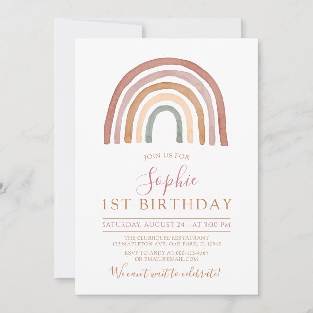 Muted Tones Boho Rainbow Girls 1st Birthday Invitation (Front)