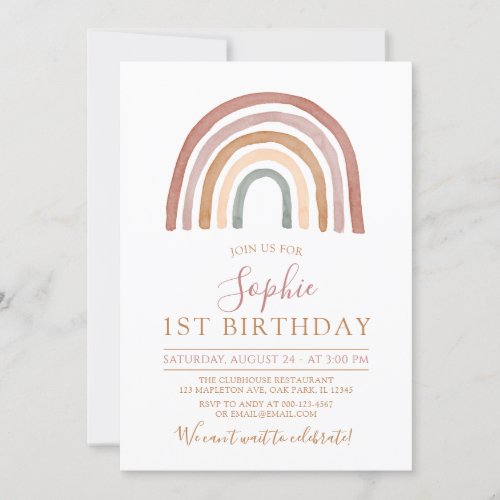 Muted Tones Boho Rainbow Girls 1st Birthday Invitation