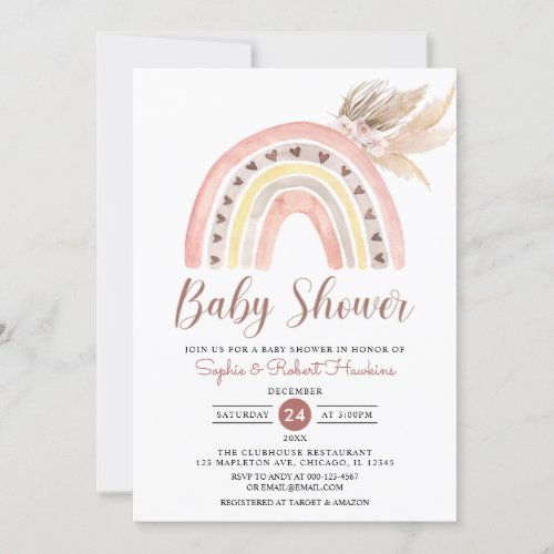 Muted Tones Boho Rainbow Pampas Grass Baby Shower  Invitation