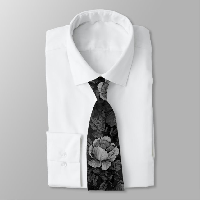 Muted Tones of Gray Floral  Neck Tie (Tied)