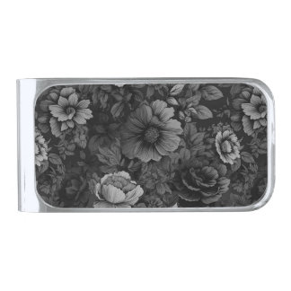 Muted Tones of Gray Floral  Silver Finish Money Clip