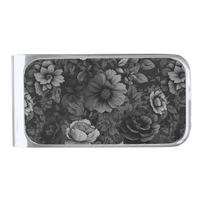 Muted Tones of Gray Floral  Silver Finish Money Clip (Front)