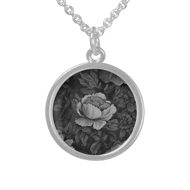 Muted Tones of Gray Floral  Sterling Silver Necklace (Front)
