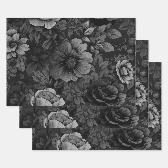 Muted Tones of Gray Floral  Wrapping Paper Sheets (Set)