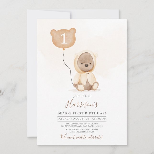 Muted Tones Teddy Bear Beary First Birthday Invitation (Front)