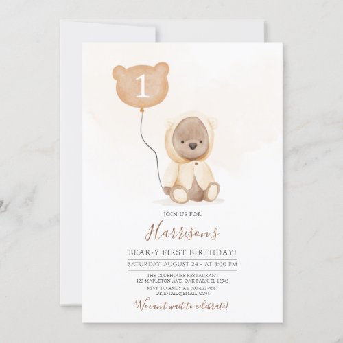 Muted Tones Teddy Bear Beary First Birthday Invitation