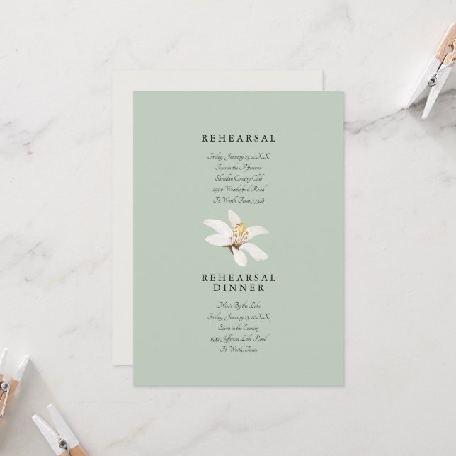 Muted Tropical Foliage Wedding Sage Rehearsal  Invitation (Front/Back In Situ)