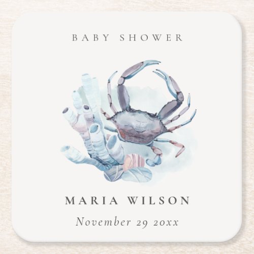 Muted Underwater Crab Coral Nautical Baby Shower Square Paper Coaster