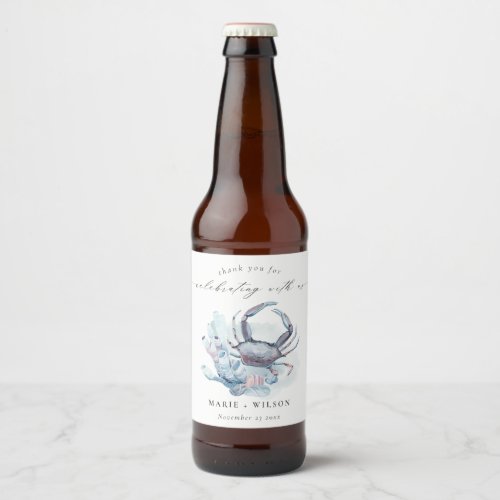 Muted Underwater Crab Coral Nautical Wedding Beer Bottle Label