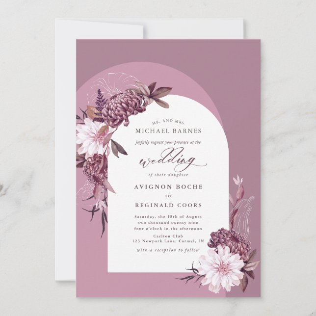 Muted Violet Dusty Purple Floral Arch Wedding Invitation (Front)
