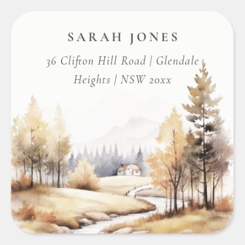 Muted Watercolor Fall Autumn Landscape Address Square Sticker