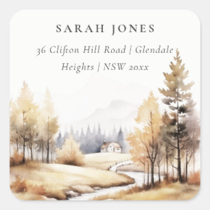 Muted Watercolor Fall Autumn Landscape Address Square Sticker