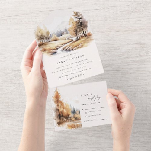 Muted Watercolor Fall Autumn Landscape Wedding All In One Invitation