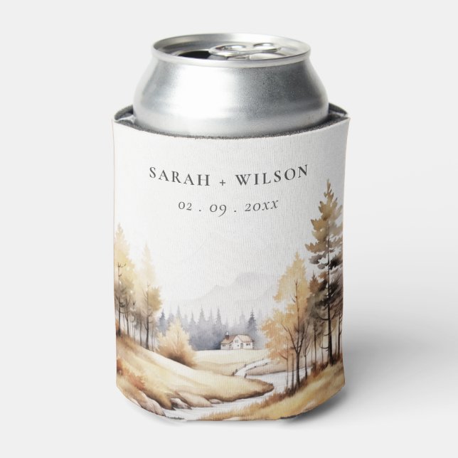 Muted Watercolor Fall Autumn Landscape Wedding Can Cooler (Can Front)